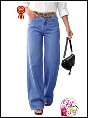 Mid Low Rise Wide Leg Jeans Leopard Waistband Stretch Denim Pants